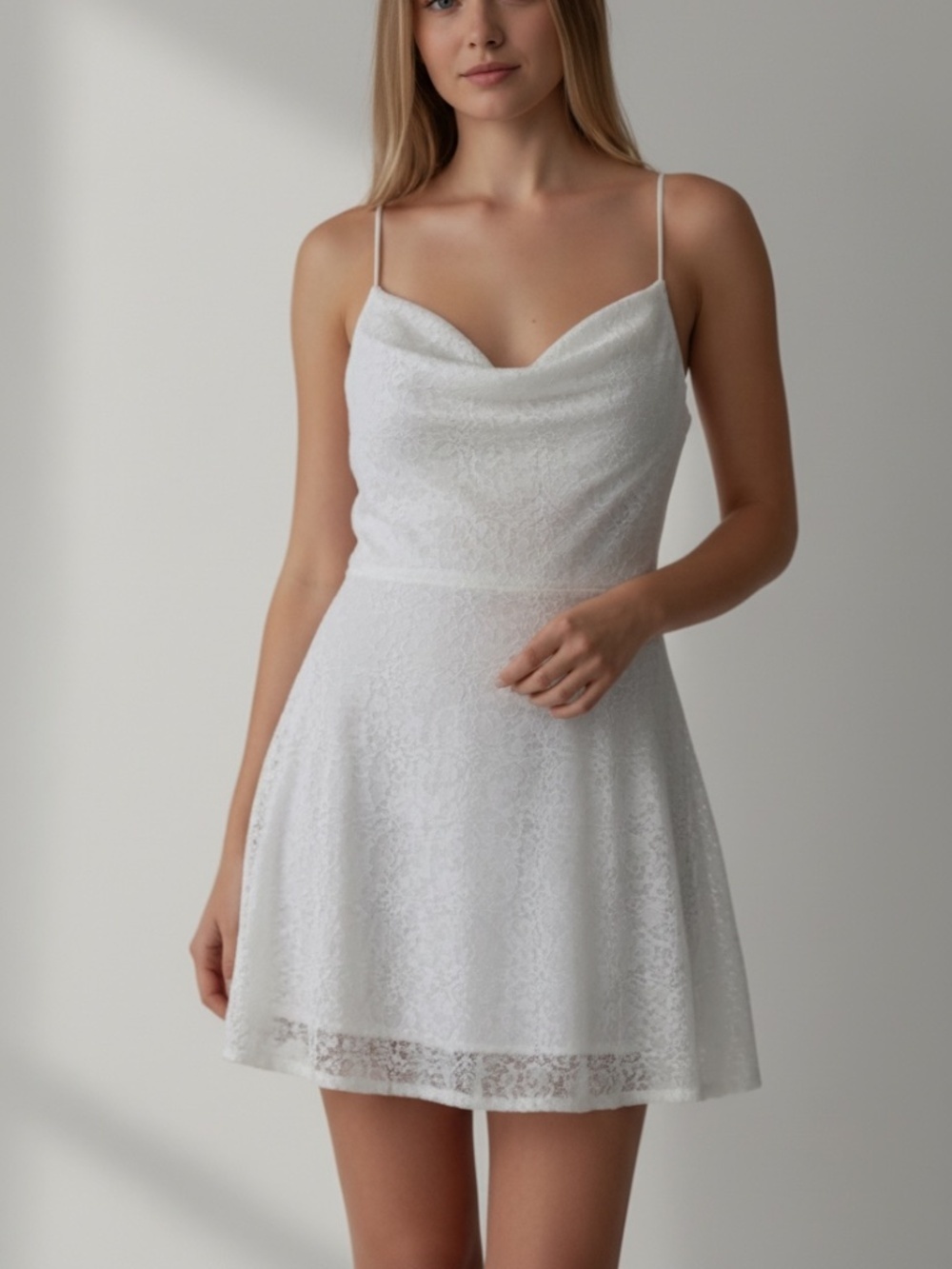 White Sequin Lace Cowl Neck Mini Dress Sparkle Skater Large Bachelorette Bridal